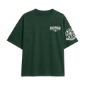 Ravnar dark green heavyweight cotton t-shirt with white chest logo and detailed crest graphic on the sleeve