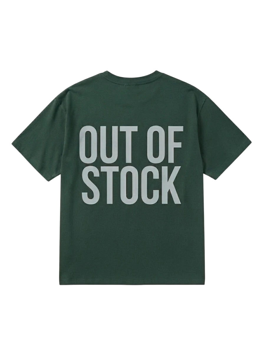 Ravnar dark green heavyweight cotton t-shirt with Out Of Stock text printed on the back