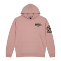 Ravnar Crest Hoodie in dusty pink featuring a black chest logo and detailed graphic on the left sleeve.