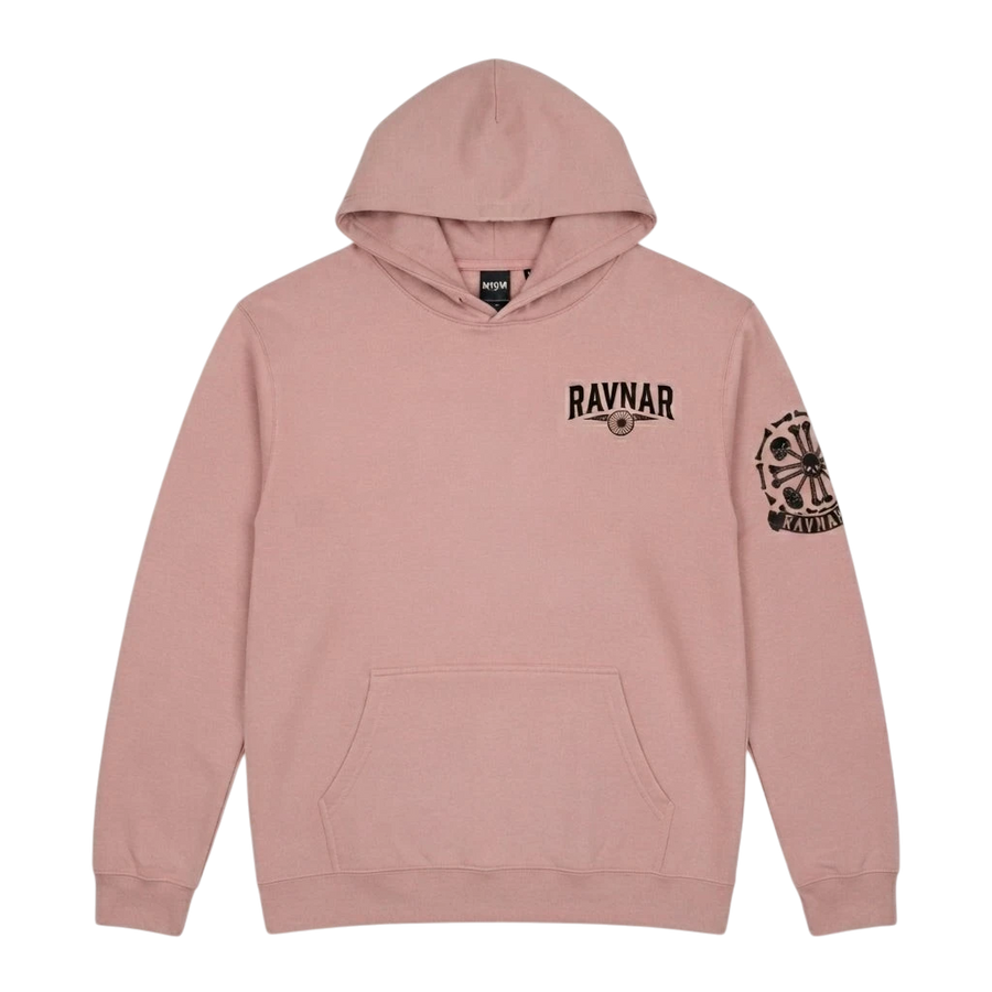 Ravnar Crest Hoodie in dusty pink featuring a black chest logo and detailed graphic on the left sleeve.