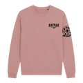 Ravnar Crest sweatshirt in dusty pink with black logo on chest and detailed graphic on the sleeve