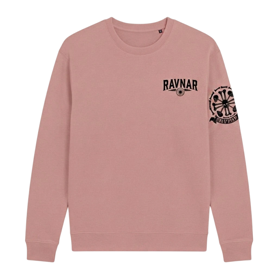 Ravnar Crest sweatshirt in dusty pink with black logo on chest and detailed graphic on the sleeve