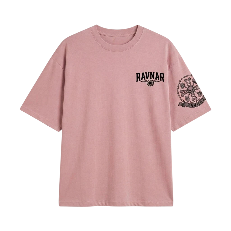 Ravnar Crest T shirt in dusty pink with a structured heavyweight fit, featuring a chest logo and sleeve graphic.