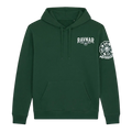 Ravnar forest green heavyweight hoodie with white chest logo and detailed skull graphic on the sleeve