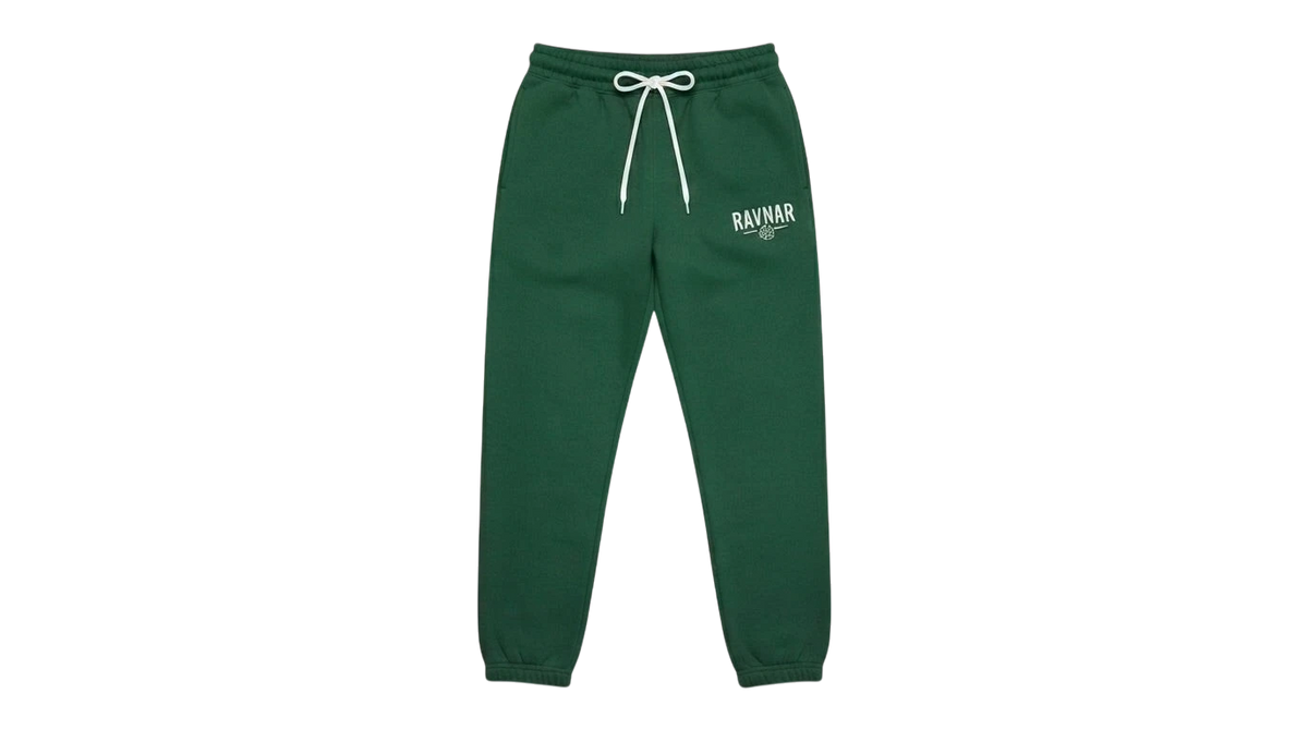 Ravnar forest green heavyweight sweatpants with white drawstring and logo detail on a neutral background