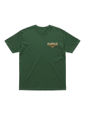 Ravnar heavyweight forest green t-shirt with a small gold logo on the chest, featuring a structured silhouette.
