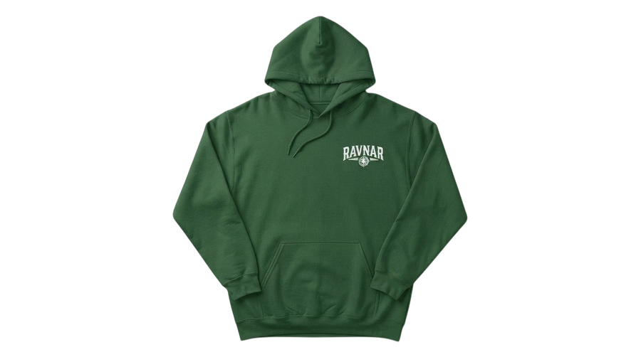 Ravnar Signature hoodie in forest green heavyweight cotton with a white chest logo and front kangaroo pocket