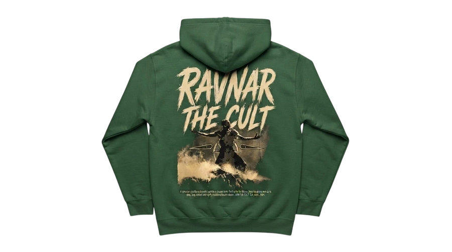Ravnar The Cult green heavyweight cotton hoodie with graphic back print featuring a warrior silhouette
