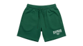 Ravnar green heavyweight cotton shorts with a relaxed fit, drawstring waist, and white logo branding.
