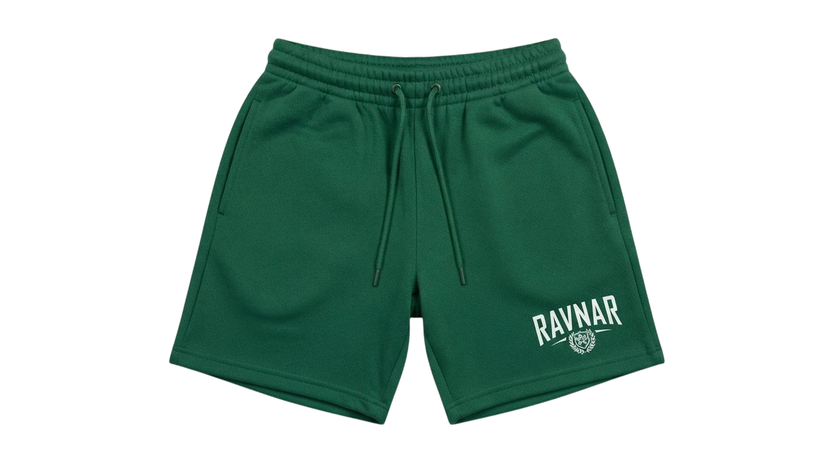 Ravnar green heavyweight cotton shorts with a relaxed fit, drawstring waist, and white logo branding.