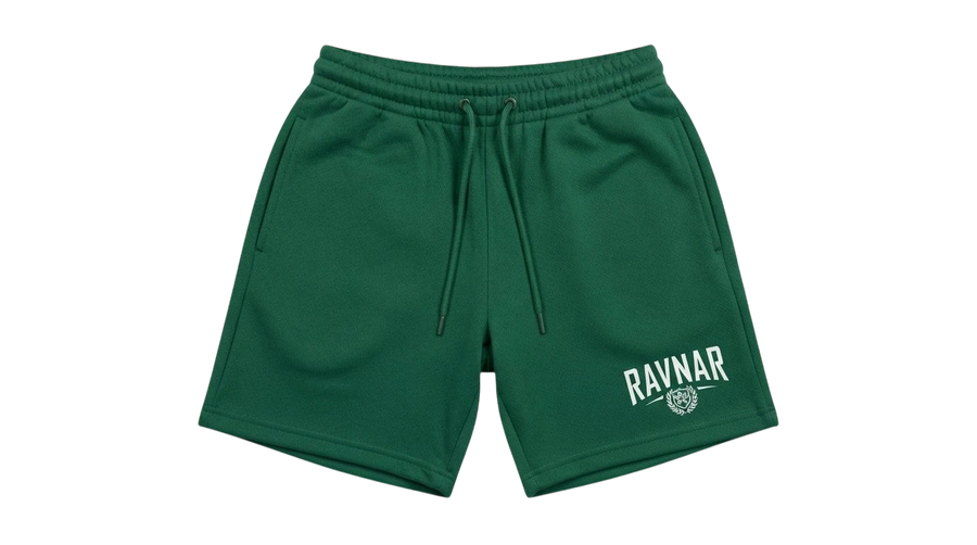 Ravnar green heavyweight cotton shorts with a relaxed fit, drawstring waist, and white logo branding.
