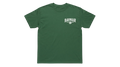 Ravnar The Cult heavyweight green cotton t-shirt with white chest logo print and structured fit.