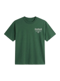 Ravnar Out Of Stock heavyweight green cotton t-shirt with a small chest logo featuring a compass design.