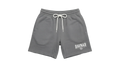 Ravnar grey heavyweight cotton shorts with a relaxed fit, white drawstring, and white brand logo on the leg.