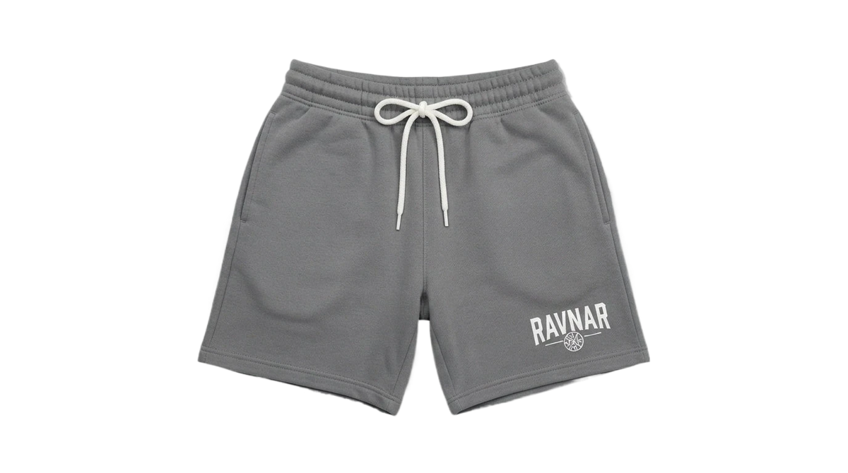 Ravnar grey heavyweight cotton shorts with a relaxed fit, white drawstring, and white brand logo on the leg.