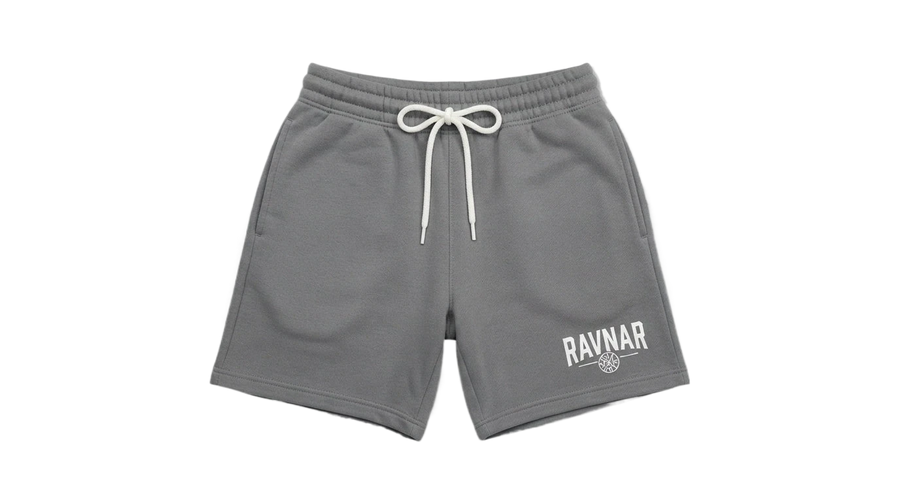 Ravnar grey heavyweight cotton shorts with a relaxed fit, white drawstring, and white brand logo on the leg.