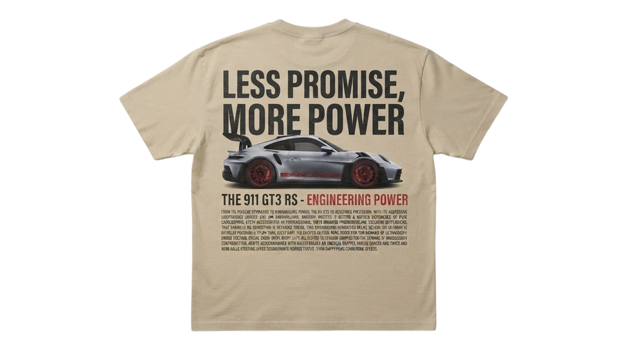 Ravnar GTRS heavyweight beige t-shirt featuring a Porsche 911 GT3 RS graphic print on the back