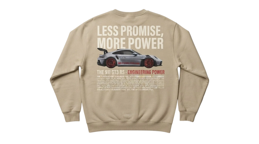 Ravnar GTRS heavyweight beige sweatshirt featuring a Porsche 911 GT3 RS graphic print on the back