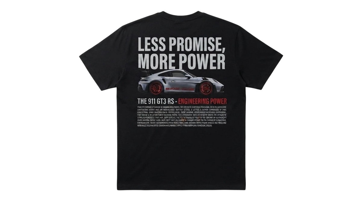 Ravnar GTRS heavyweight black t-shirt featuring a Porsche 911 GT3 RS graphic and text on the back