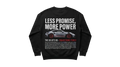 Ravnar GTRS black heavyweight sweatshirt featuring a Porsche 911 GT3 RS graphic and Less Promise More Power text