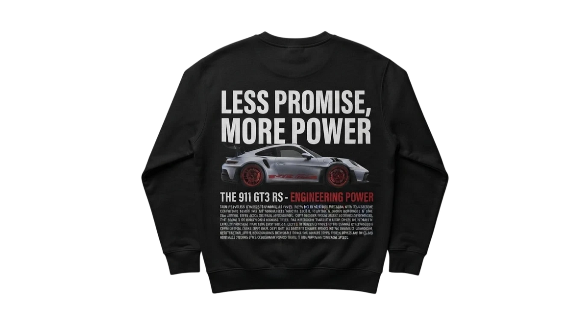 Ravnar GTRS black heavyweight sweatshirt featuring a Porsche 911 GT3 RS graphic and Less Promise More Power text