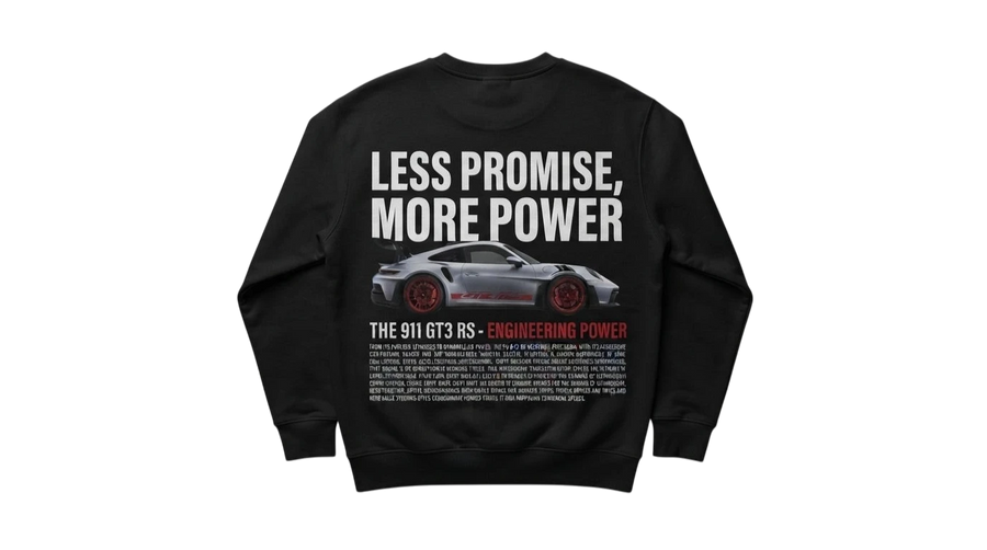 Ravnar GTRS black heavyweight sweatshirt featuring a Porsche 911 GT3 RS graphic and Less Promise More Power text