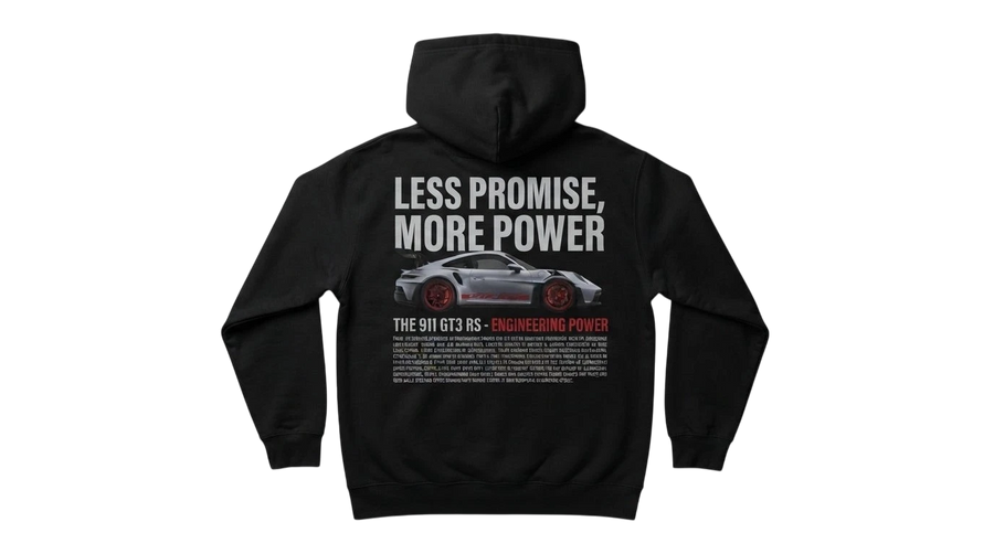 Ravnar GTRS black heavyweight hoodie with a Porsche 911 GT3 RS graphic print on the back