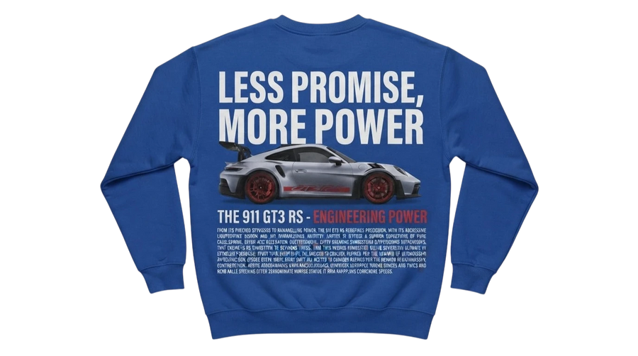 Ravnar GTRS blue heavyweight sweatshirt featuring a 911 GT3 RS graphic print on the back with bold text