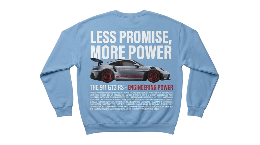 Ravnar GTRS light blue heavyweight sweatshirt featuring a Porsche 911 GT3 RS graphic on the back