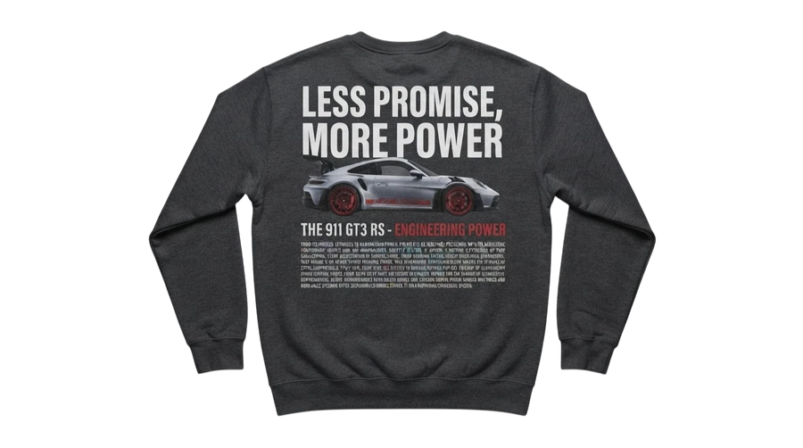 Ravnar GTRS heavyweight charcoal grey sweatshirt featuring a Porsche 911 GT3 RS graphic on the back