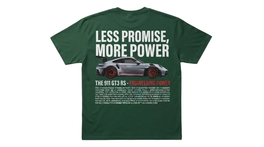 Ravnar GTRS heavyweight green t-shirt featuring a 911 GT3 RS graphic print on the back with bold typography.