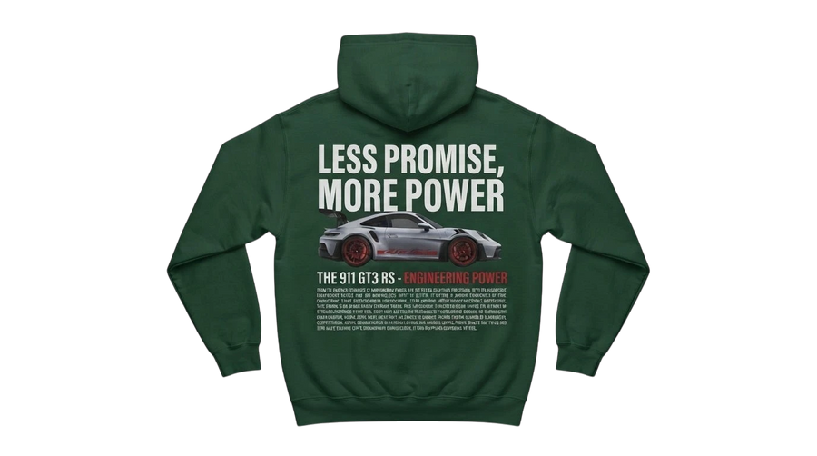 Ravnar GTRS heavyweight green hoodie with white Porsche 911 GT3 RS graphic print on the back