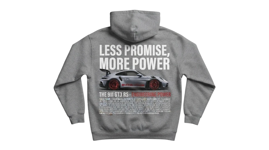 Ravnar GTRS grey heavyweight hoodie featuring a 911 GT3 RS graphic print on the back with bold typography.