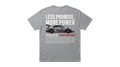 Ravnar GTRS grey heavyweight t-shirt featuring a 911 GT3 RS car graphic and Less Promise More Power text on the back