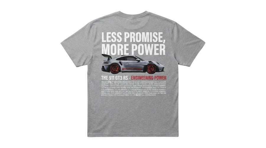 Ravnar GTRS grey heavyweight t-shirt featuring a 911 GT3 RS car graphic and Less Promise More Power text on the back