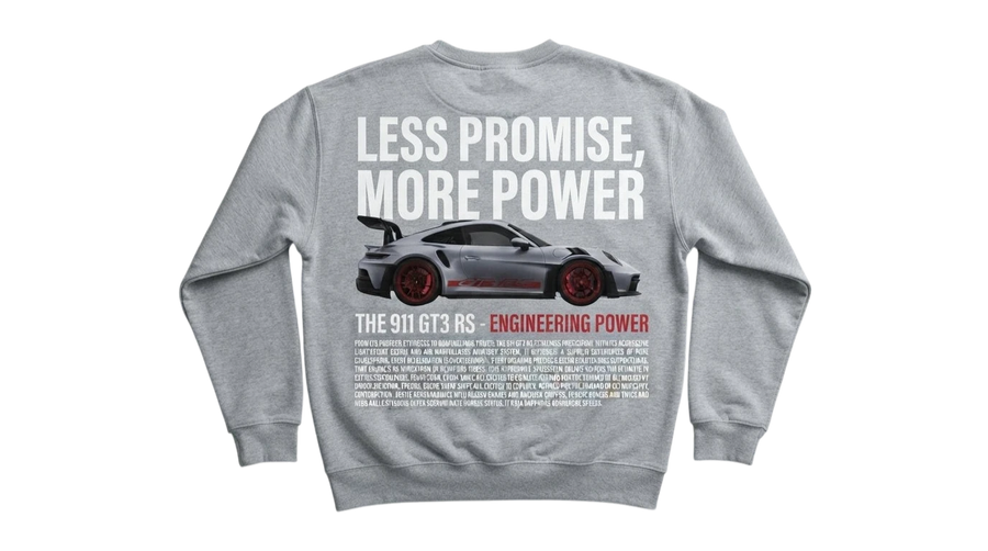 Ravnar GTRS grey heavyweight sweatshirt featuring a Porsche 911 GT3 RS graphic print on the back