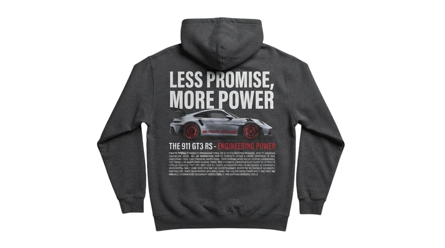 Ravnar GTRS hoodie in charcoal grey featuring a back print of a Porsche 911 GT3 RS and Less Promise More Power text.