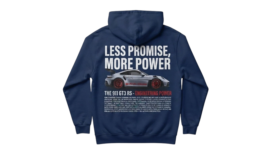 Ravnar GTRS navy blue heavyweight hoodie with Less Promise More Power and Porsche 911 GT3 RS graphic on the back