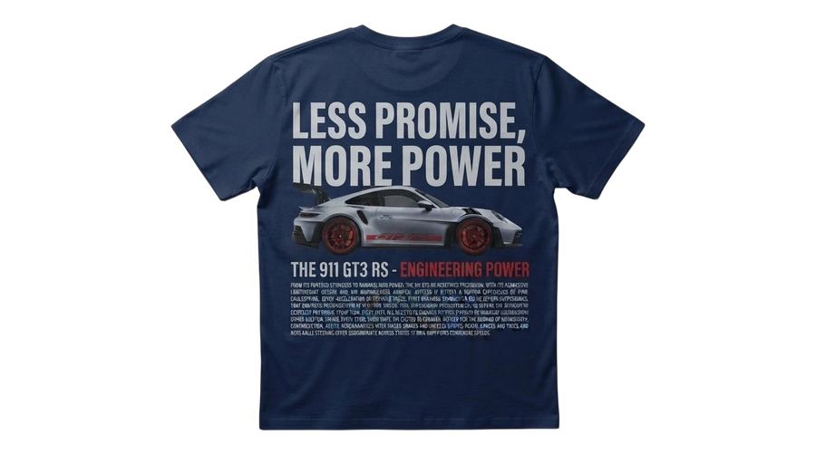 Ravnar GTRS navy blue heavyweight cotton t-shirt featuring a Porsche 911 GT3 RS graphic on the back