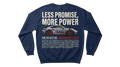 Ravnar GTRS navy blue heavyweight sweatshirt featuring a 911 GT3 RS graphic and Less Promise More Power text on back