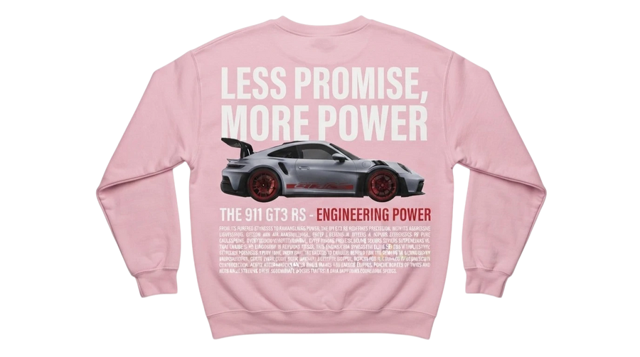 Ravnar GTRS pink heavyweight sweatshirt featuring a graphic of a silver sports car and white text on the back.