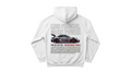 Ravnar GTRS white heavyweight hoodie featuring a 911 GT3 RS car graphic on the back with bold text