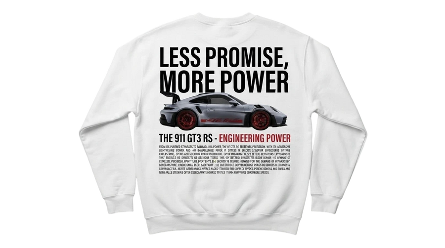 Ravnar GTRS white heavyweight sweatshirt featuring a 911 GT3 RS car graphic and text on the back