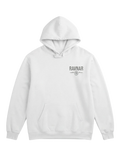 Ravnar heavyweight white hoodie with a structured silhouette and small chest logo featuring a compass design