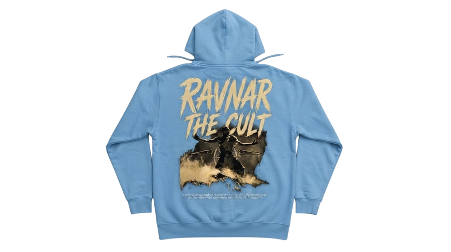 Ravnar The Cult light blue heavyweight cotton hoodie featuring a graphic print on the back