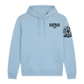 Ravnar light blue heavyweight hoodie with black crest logo on chest and sleeve, featuring a structured silhouette.