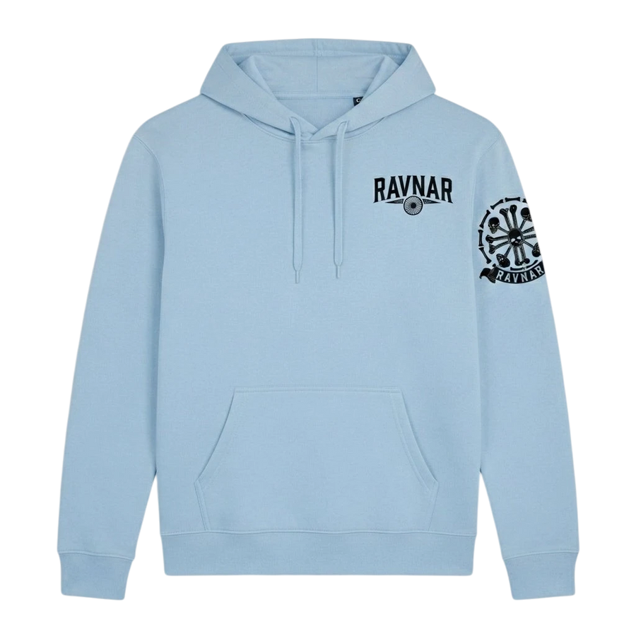 Ravnar light blue heavyweight hoodie with black crest logo on chest and sleeve, featuring a structured silhouette.