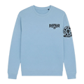 Ravnar light blue heavyweight crewneck sweatshirt featuring a black chest logo and detailed sleeve graphic