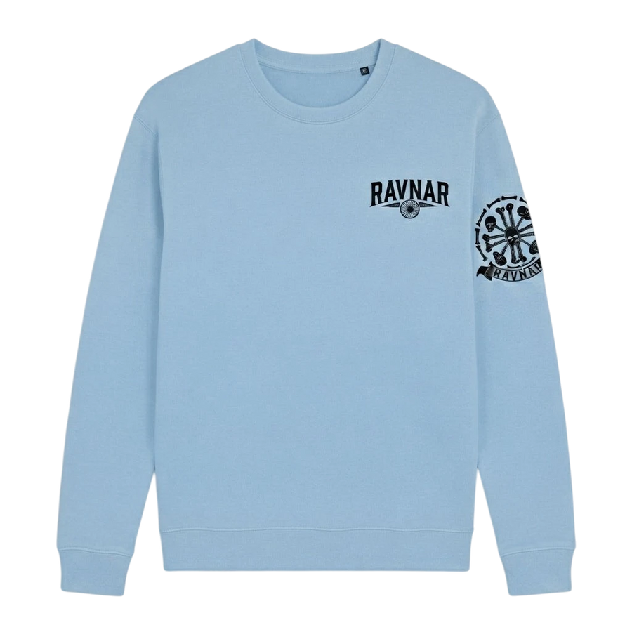 Ravnar light blue heavyweight crewneck sweatshirt featuring a black chest logo and detailed sleeve graphic