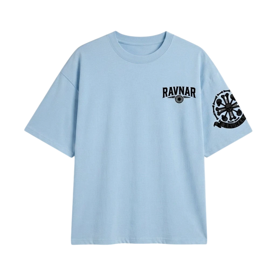 Ravnar light blue heavyweight cotton t-shirt with black crest logo on chest and sleeve